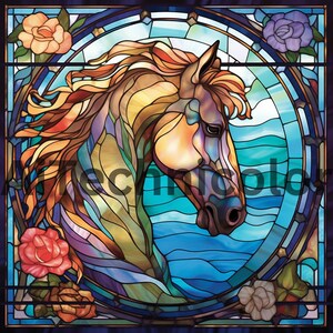 May include: A stained glass window design featuring a horse's head with a blue, green, and yellow background. The horse's mane is flowing and the design is surrounded by roses.
