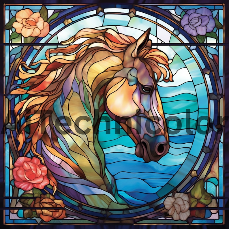 May include: A stained glass window design featuring a horse's head with a blue, green, and yellow background. The horse's mane is flowing and the design is surrounded by roses.