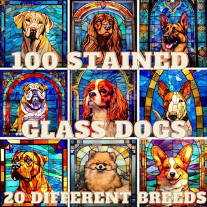 100 gebrandschilderde hondenbundel 20 verschillende rassen Clipart PNG hoge resolutie Midjourney Ai Art digitale download afdrukbaar commercieel gebruik