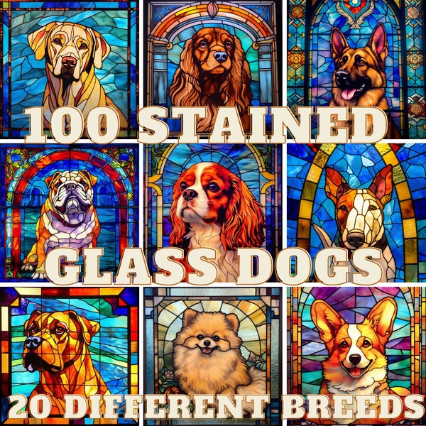 100 Stained Glass Dog Bundle 20 Different Breeds Clipart PNG High-resolution Midjourney Ai Art Digital Download Printable Commercial Use