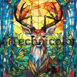 May include: A stained glass window depicting a deer with large antlers standing in a forest setting. The deer is made up of colorful glass pieces, including shades of blue, green, yellow, orange, and red. The background features a sunset sky and leafy trees.