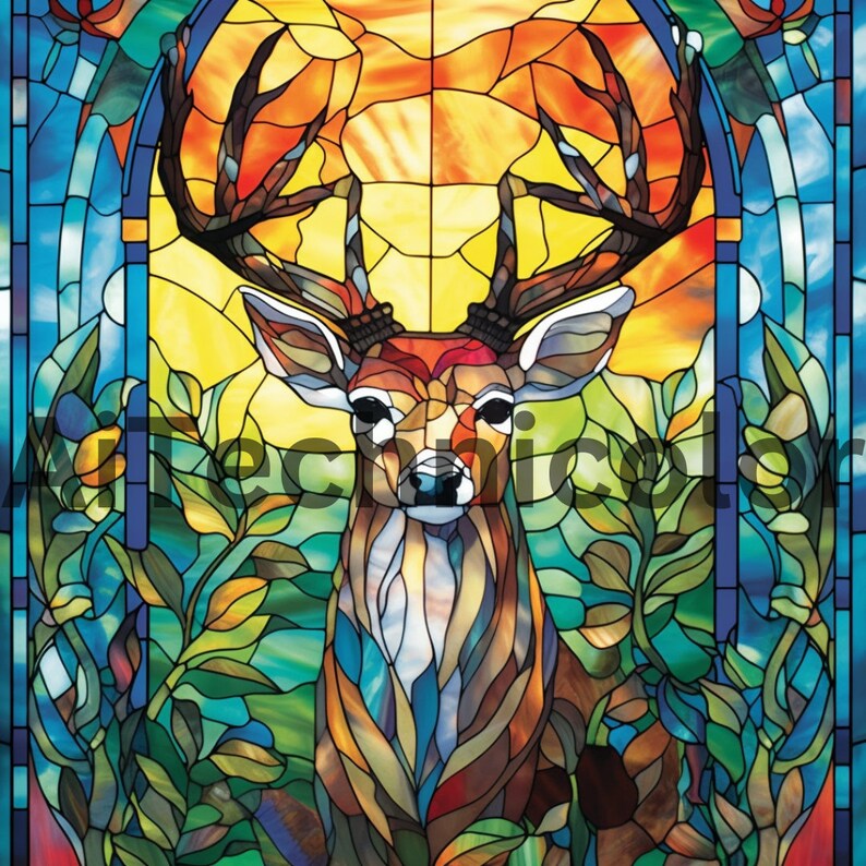 May include: A stained glass window depicting a deer with large antlers standing in a forest setting. The deer is made up of colorful glass pieces, including shades of blue, green, yellow, orange, and red. The background features a sunset sky and leafy trees.