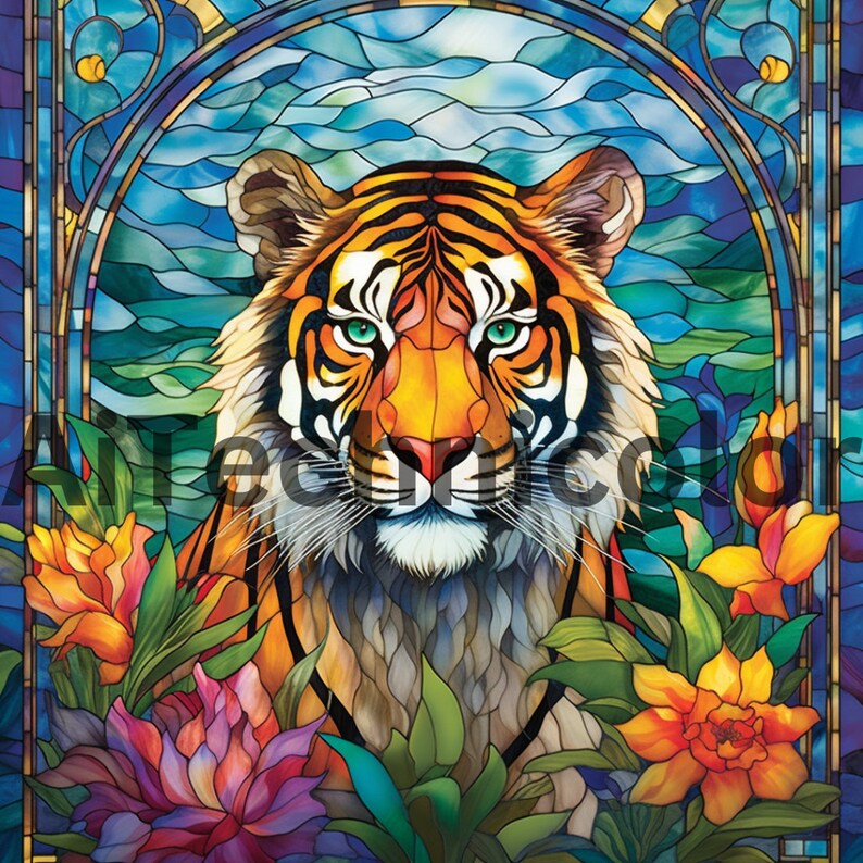 May include: A stained glass style illustration of a tiger with green eyes, surrounded by colorful flowers. The tiger is in the center of the image and is looking directly at the viewer.