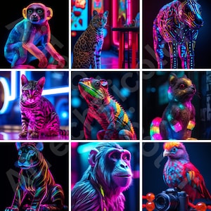 50 Neon Animal Clipart PNG Bundle High-resolution Digital Download Midjourney Ai Art High Digital Download Printable Commercial use