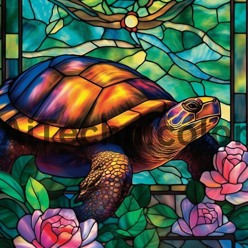 May include: A stained glass style image of a colorful turtle with a shell of orange, purple, and blue. The turtle is surrounded by green leaves and pink roses.
