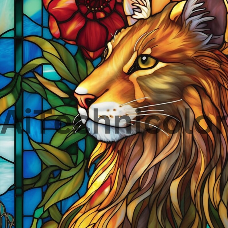 May include: A stained glass depiction of a lynx with a red flower behind it. The lynx has a golden brown coat with a white muzzle and green eyes. The background is a blue and green stained glass window.
