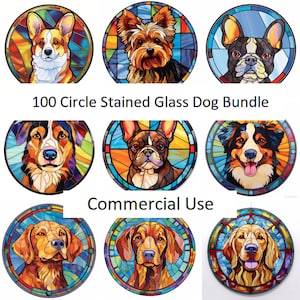 100 Circle Stained Glass Dogs Bundle Clipart PNG High-resolution Art Digital Download Printable Commercial Use