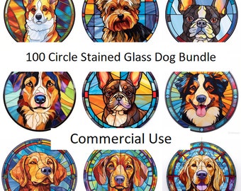 100 Circle Stained Glass Dogs Bundle Clipart PNG High-resolution Art Digital Download Printable Commercial Use