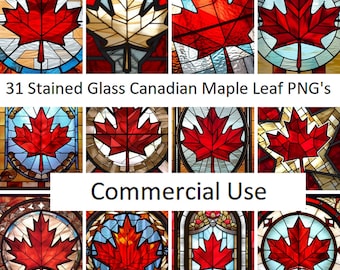 31 Stained Glass Canadian Maple Leaf Bundle Clipart PNG High-resolution Midjourney Ai Art Digital Download Printable Commercial Use