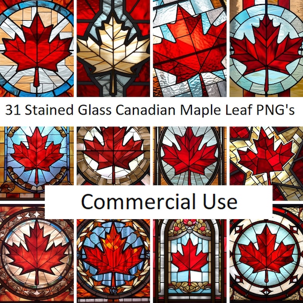 31 Stained Glass Canadian Maple Leaf Bundle Clipart PNG High-resolution Midjourney Ai Art Digital Download Printable Commercial Use