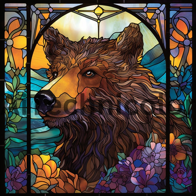 May include: A stained glass window depicting a brown bear with a blue and green background. The bear is surrounded by flowers in shades of purple, yellow, and orange.