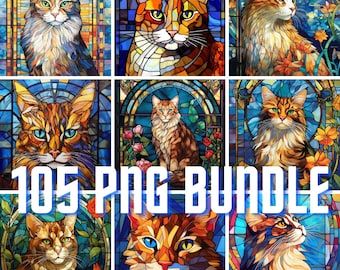 105 Stained Glass Cats Bundle Clipart PNG High-resolution Midjourney Ai Art Digital Download Printable Commercial Use