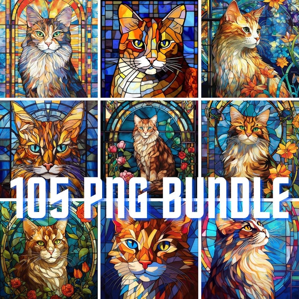 105 Stained Glass Cats Bundle Clipart PNG High-resolution Midjourney Ai Art Digital Download Printable Commercial Use