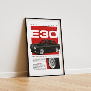Poster BMW E30 Stampa artistica M3 E30 BMW Wall Art Garage Decorazione murale / 50 x 40 cm (20 x 16 pollici)