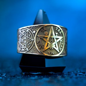 Tetragrammaton mit Henochischem Schutzsiegel und Hexagramm von Salomon verstellbarer Ring lemegeton Siegel kabbalah goetia okkulte Magie