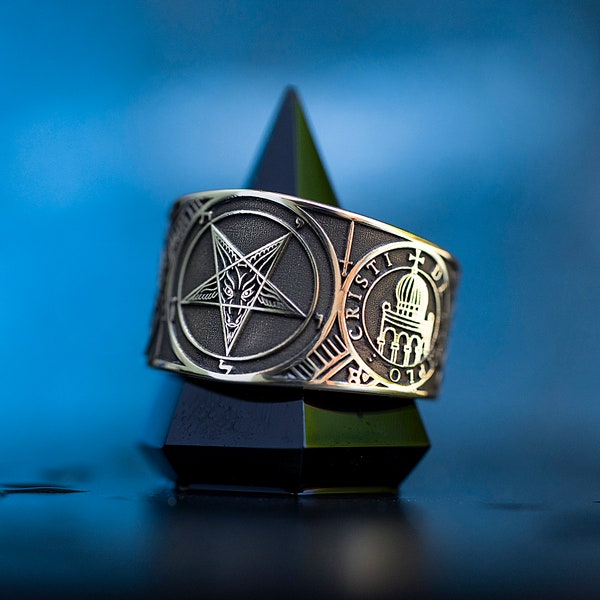 Bague symbole Baphomet des Templiers bague démon de la géométrie sacrée Sceau desserés de la Clé de Salomon, talisman du diable de la kabbale, magie occulte, goetia