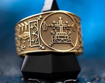 Baron Samedi Ring: Loa of Transition and Death, Spirit of the Crossroads, Veve Amulet Vodou
