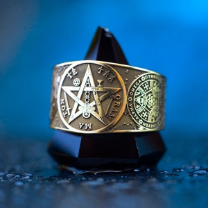 Tetragrammaton with Enochian Sigil of Protection and Hexagram of Solomon adjustable ring