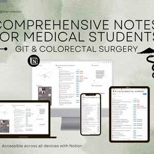 Op de afbeelding: Een digitale illustratie van een medisch caduceussymbool met vleugels en een slang die om een staf is gewikkeld. De tekst "COMPREHENSIVE NOTES FOR MEDICAL STUDENTS GIT & COLORECTAL SURGERY" staat boven het symbool. Onder het symbool staat de tekst "Accessible across all devices with Notion". De afbeelding toont drie apparaten: een desktopcomputer, een laptop en een tablet, die allemaal dezelfde inhoud weergeven: een Notion-pagina met de titel "GIT & COLORECTAL SURGERY".