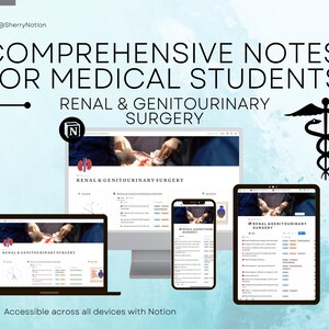 May include: A screenshot of a website with the title "Renal & Genitourinary Surgery" displayed on a laptop, desktop computer, and smartphone. The website is accessible across all devices with Notion. The text "Comprehensive Notes for Medical Students" is displayed at the top of the image.