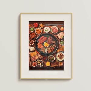 Cartel de la noche de barbacoa de barbacoa coreana / Impresión digital minimalista / Anime / Arte de pared