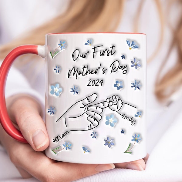 Notre première tasse personnalisée pour la fête des mères, tasse à effet gonflé 3D, tasse pour la fête des mères, maman, vous me tenez la main, cadeau de fête des mères, tasse à café pour nouvelle maman
