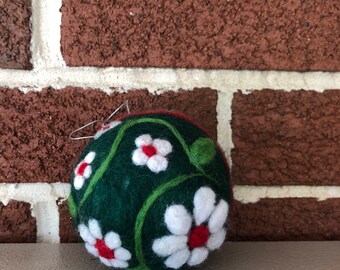 Felted Wool Ornament, Christmas flower in white with red with holly & vines on green ball.