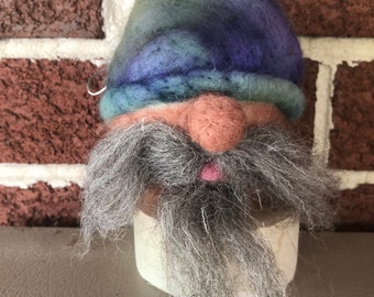 Grey haired Gnome felted wool ornament with purple/green hat