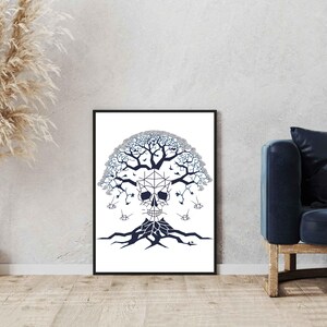 Geometric Skull Tree Art Print| Gothic Nature Digital Download| Surreal Skull and Roots Wall Art| Dark Aesthetic Printable Poster