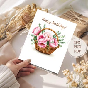 Cartão de aniversário para impressão, cartão de aniversário floral, cartão de cesta de flores, cartão digital de feliz aniversário, cartão faça você mesmo com envelope grátis, cartão digital
