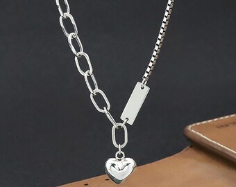 Sterling zilveren hart ketting, sierlijke bladerdeeg hart ketting, liefde ketting, onregelmatige ketting, gelaagde ketting, minimalistische sieraden voor haar