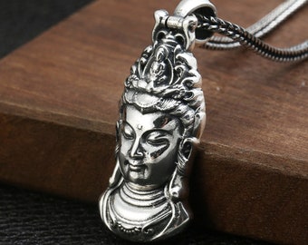 Colgante Avalokitesvara de plata de ley 925, diosa de la misericordia, colgante protector budista tibetano, colgante Kuanyin, 16g