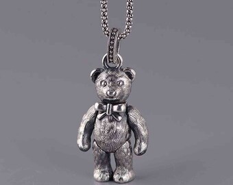 Sterling Silber Beweglicher Teddybär Charm Anhänger 39mm*19mm,Geschenk für Sie,Geburtstagsgeschenk.