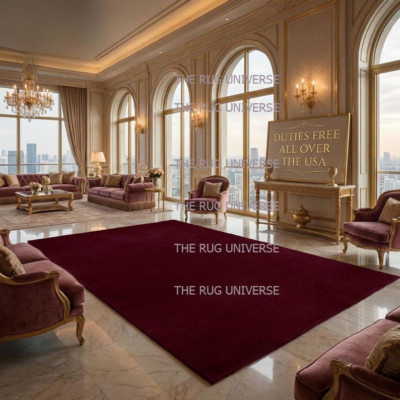 Deep wine color solid area rug displayed in a luxury modern living room with large windows and city views. Plush handcrafted rug with rich burgundy tone adds warmth and elegance to contemporary interior decor. Perfect for living room, bedroom, or apartment styling, this handmade rug features a smooth, soft texture and premium finish, ideal for modern, minimalist, and luxury home interiors.