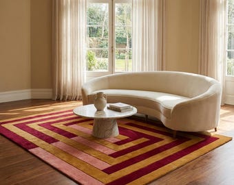 Area Hand Tufted Rug Burgundy & Mustard Geometric Rug, Modern Wool Area Rug, Luxury Striped Living Room Carpet