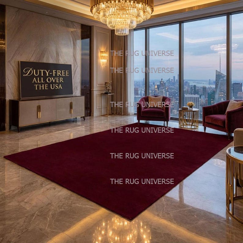 Deep wine color solid area rug displayed in a luxury modern living room with large windows and city views. Plush handcrafted rug with rich burgundy tone adds warmth and elegance to contemporary interior decor. Perfect for living room, bedroom, or apartment styling, this handmade rug features a smooth, soft texture and premium finish, ideal for modern, minimalist, and luxury home interiors.