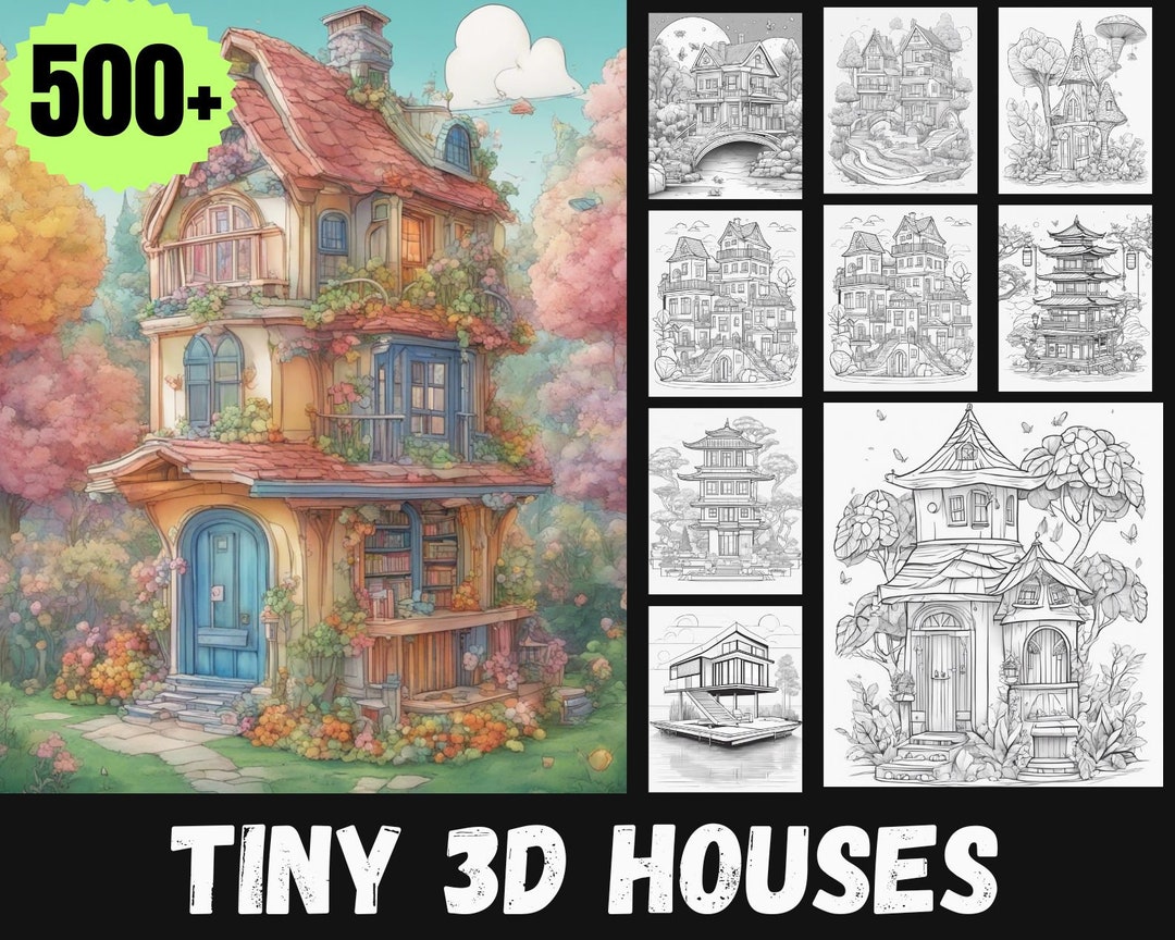 Tiny 3D Houses Coloring Book 500 Adults Kids Coloring Pages, Instant ...