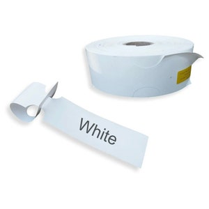 May include: A roll of white paper tags with a single tag pulled out and the word "White" printed on it.