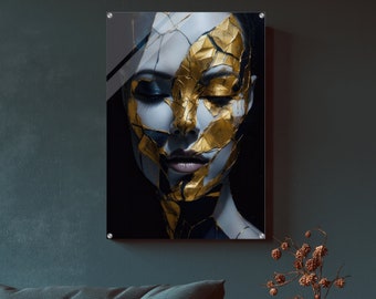 Kobieta Kintsugi - wydruk akrylowy, Lew Kintsugi - wydruk akrylowy, Sztuka abstrakcyjna, Obrazy do salonu, Nowoczesna sztuka Kintsugi w kolorze złotym, Sztuka odporności