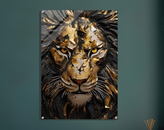 Kintsugi Lion - wydruk akrylowy, sztuka abstrakcyjna, obrazy salon, nowoczesna sztuka Kintsugi w kolorze złotym, sztuka odporności, galeria, nowoczesna abstrakcja