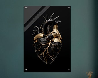 Anatomiczne serce Kintsugi - wydruk akrylowy, Serce Kintsugi - wydruk akrylowy, sztuka abstrakcyjna, nowoczesna sztuka Kintsugi w kolorze złotym, sztuka odporności