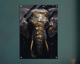 Kintsugi Elephant - wydruk akrylowy, Kintsugi Elephant - wydruk akrylowy, sztuka abstrakcyjna, obrazy życia, nowoczesna sztuka Kintsugi w złocie, sztuka odporności