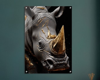 Kintsugi Rhino - wydruk akrylowy, sztuka abstrakcyjna, obrazy do salonu, nowoczesna sztuka Kintsugi w kolorze złotym, sztuka odporności, galeria, nowoczesna abstrakcja