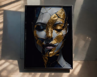 Kobieta Kintsugi – wydruk artystyczny (Hahnemühle), sztuka abstrakcyjna, obrazy do salonu, nowoczesna sztuka Kintsugi w kolorze złotym, sztuka odporności