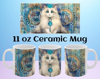 Cat Coffee Mug Gift for Cat Lovers, Good Vibes Ceramic Mug, Cat Owner Gift Ideas, Gift Mug for Cat Mom and dad, Ragdoll Cat Lover Gift Mug