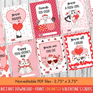 Mini Classroom Valentine&#39;s Day Cat Notecards, Printable Pun Valentine&#39;s Day Cards, Bulk Valentine cards for Kids, Cat Valentine notecards