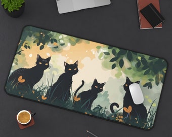 Black Cat Kawaii Desk Mat | Anime Gaming Mouse Pad | Dark Cottagecore Desk Pad, XL Large Mousepad, Black & Green Desk Accessories, Cat Lover