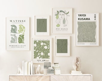 Gallery Wall Set, Sage green Wall Art, Exhibition Poster Set, Matisse, Flower Market Print, Yayoi Kusama, Picasso, Line Art, digital print