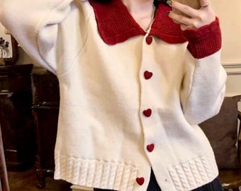 Korean fashion women's stylish Peter Pan collar heart button,long sleeve knitted sweater coat