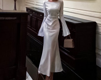 Chic Sophistication - White Satin Midi Dress